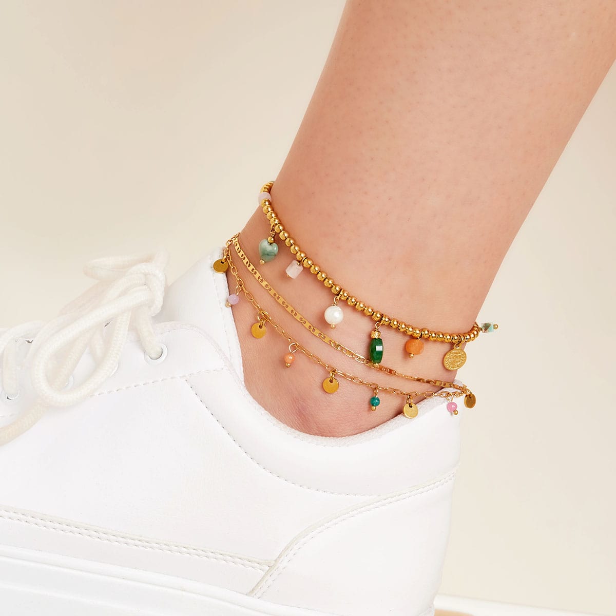 Enkelbandje dubbele ketting met bedels
