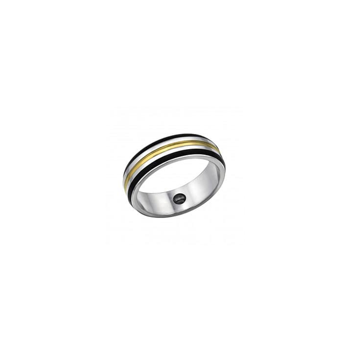 Stalen heren ring met zwart-goude lijnen